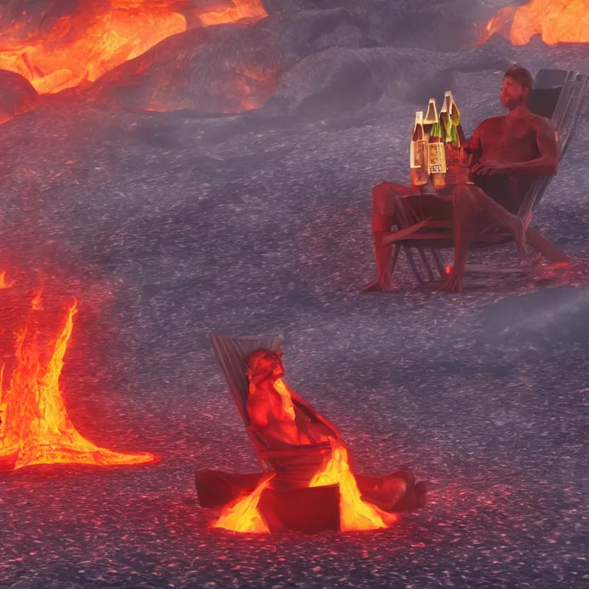 Prompt: Lucifer, laying in a beach chair on a lava beach in hell, drinking a Corona with lime, 4k, highly detailed, ultra realistic