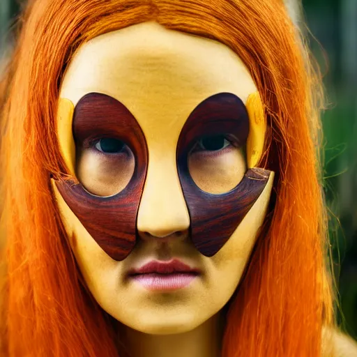 Prompt: woman with wooden mask, long red hair highly detailed, 8 k, hdr, smooth, sharp focus, high resolution, award - winning photo