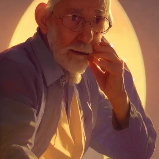 Prompt: an old male poet with a VR headset, golden light, purple water, highly detailed, digital painting, artstation, concept art, smooth, sharp focus, illustration, art by artgerm and greg rutkowski and alphonse mucha