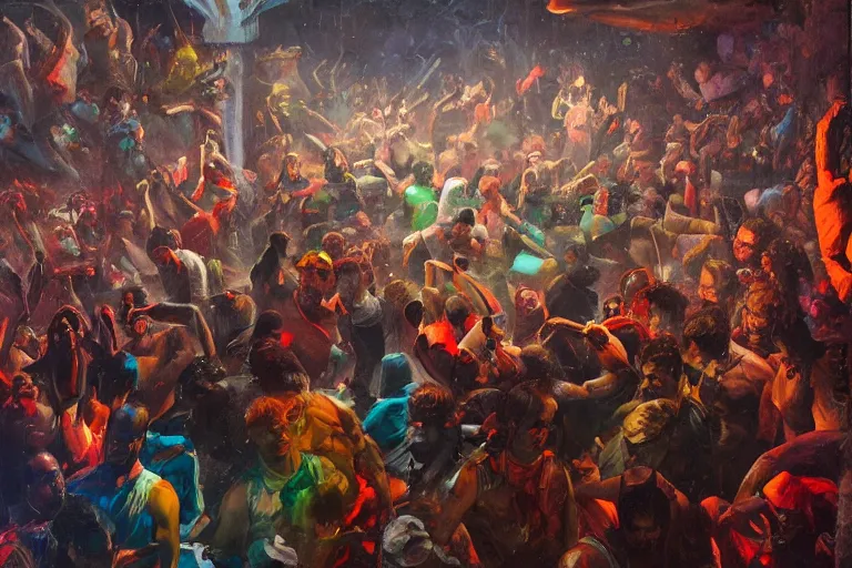 Image similar to palette knife oil painting of a crowd of clubbers surrounding two supernatural fighters in a concave circular fighting pit. concrete, psychedelic lighting, extreme detail, artstation trending, artgerm, any racial background, deviant art, octane, substance, art history 8 k