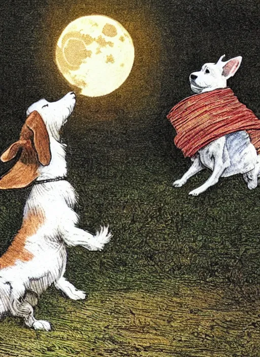 Image similar to candid portrait of a jack russel terrier howling up at the yellow moon, illustrated by peggy fortnum and beatrix potter and sir john tenniel