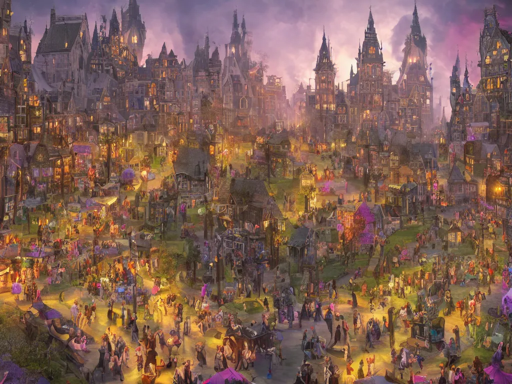 Image similar to A bustling magical town, witches and black cats are dancing around a colorful music festival, the large academy of magic and science can be seen towering in the distance, inspired by Victorian England and Amsterdam, highly detailed, digital painting, trending on artstation, matte painting, octane render, 8k, unreal engine