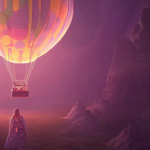 Image similar to hot air balloon hotel by H.P. Lovecraft, abaddon and magali villeneuve, ghibli moebius, 8k, epic scene, scifi, unreal engine, trending on cg station. masterpiece.