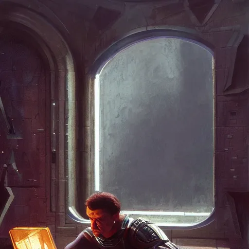Image similar to sylvester stallone in ancient greece sci - fi armor, tech noir, wet reflections, prism, atmospheric, ambient, pj crook, syd mead, livia prima, greg rutkowski, edward hopper