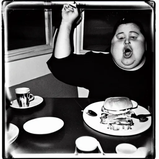 Prompt: a black and white film snapshot of a fat male diner biting into a sandwich. holga, lomo, lomography, retro, toy camera, film, plus - x, vintage, photo