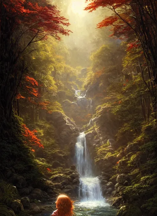 Image similar to detailed intricate digital illustration by james gurney and greg rutkowski and artgerm and wlop and sanford robinson gifford ; young red - haired explorer girl with a backpack and map, in an ancient forest, shimmering waterfall in background ; 1 3 mm film, arri alfa anamorphic lens ; sharp focus, golden hour lighting, trending on artstation 4 k