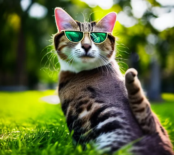 Prompt: 5 5 mm portrait photo of a cat as admiral in military outfit and sunglasses, in a park by luis royo. soft light. sony a 7 r iv