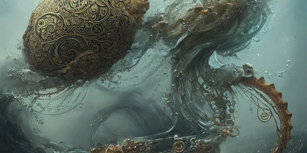 Prompt: decorative ornamental emblematic shrine of holy turtle god of the sea, acanthus scroll, leaves, classical ornament, ceremonial clouds, dripping paint, fibonacci rhythm, kelp, barnacle, artstation, art germ, wlop, karol bak, christopher balaskas