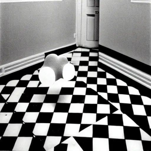 Prompt: 3 5 mm film photography by stanley kubrick, award winnin photo of an old room with checker floor and with a singular cloud floating inside it