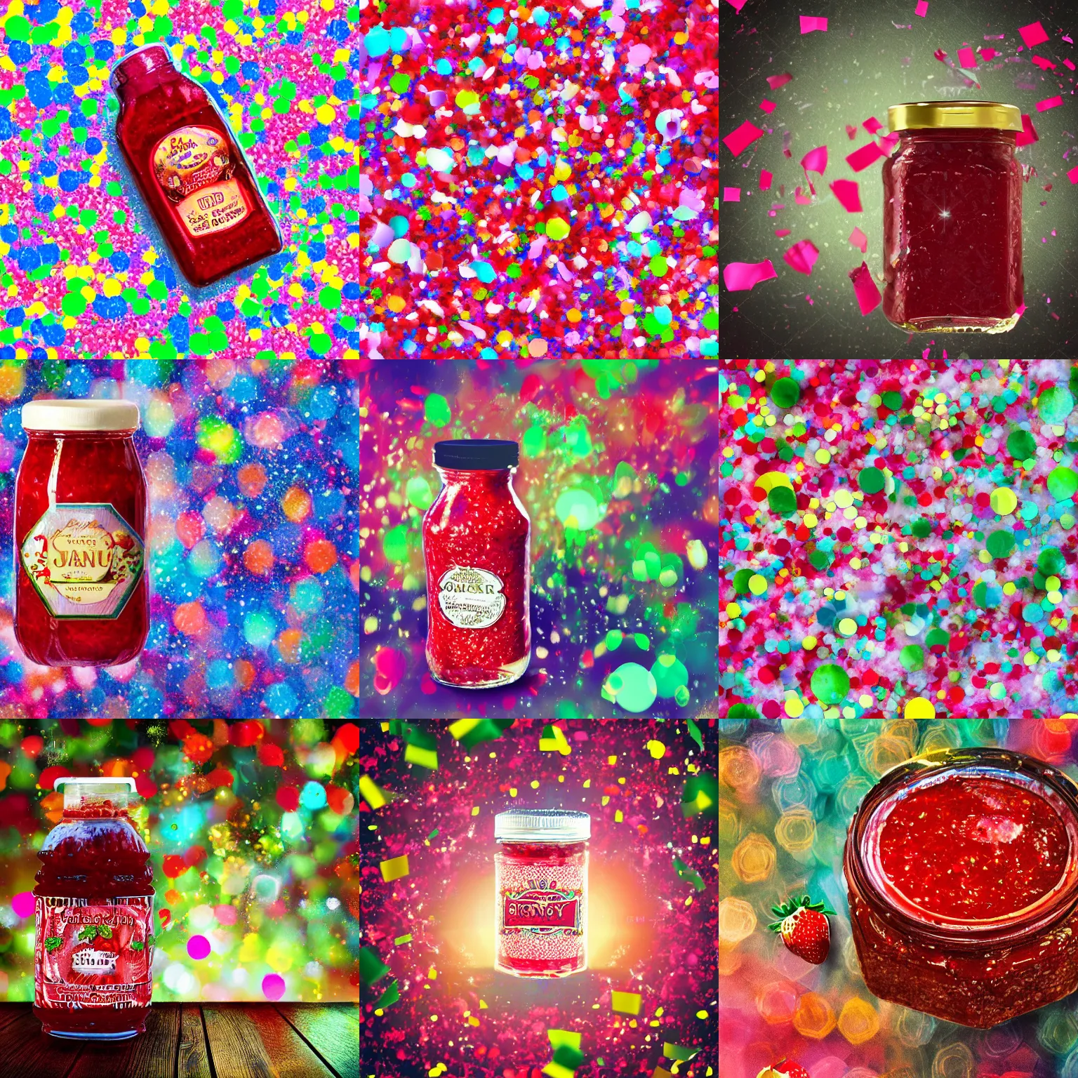 Prompt: big bottle of strawberry jam in center of image and confetti around, bokeh effect, digital fantasy art