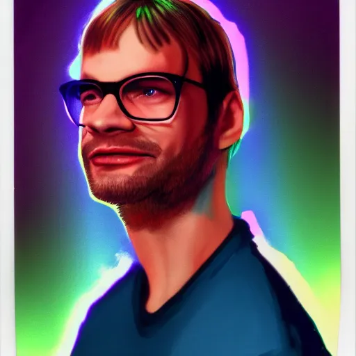 Image similar to jeffrey dahmer in a nightclub with glowsticks, late 7 0 s polaroid photo, digital painting, ultradetailed, artstation, oil painting, ultradetailed, artstation
