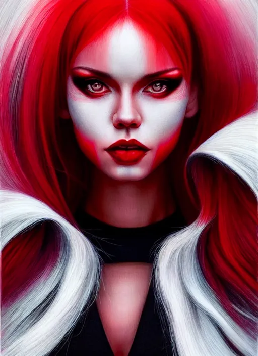 Image similar to photo of kerli koiv with red and white ombre in the style of stefan kostic, realistic, half body shot, sharp focus, 8 k high definition, insanely detailed, intricate, elegant, art by stanley lau and artgerm, foggy backgeound