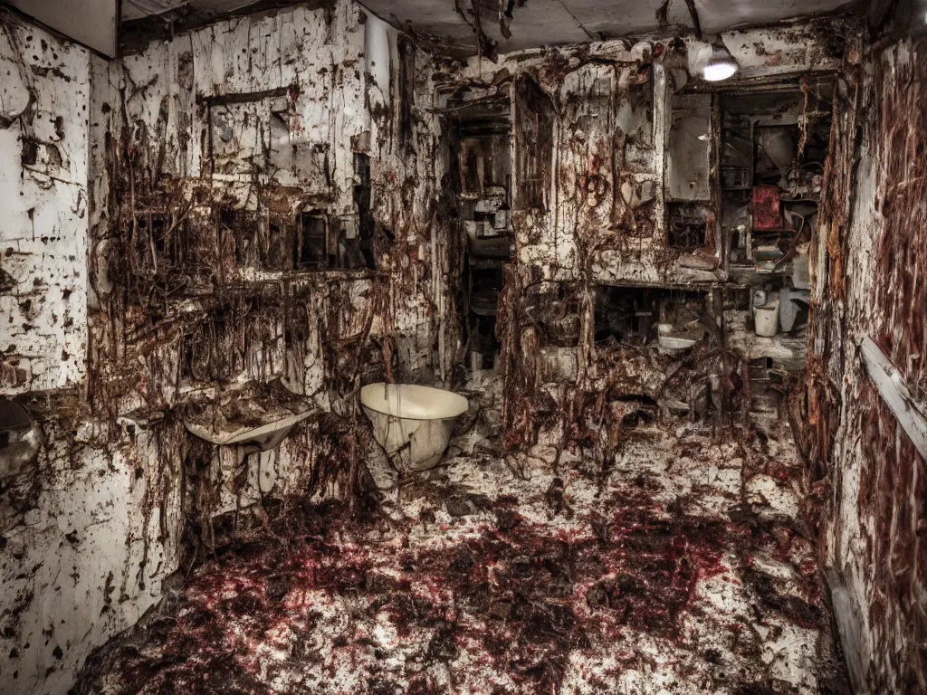 Image similar to a house made of disgusting dirty filth grime meat at night realistic hyperdetailed photography