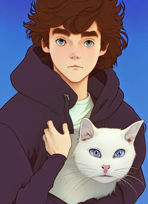 Prompt: teen boy with brown hair and big blue eyes, wearing a hoodie, fluffy white cat, natural lighting, path traced, highly detailed, high quality, cartoon, digital painting, by don bluth and ross tran and studio ghibli and alphonse mucha