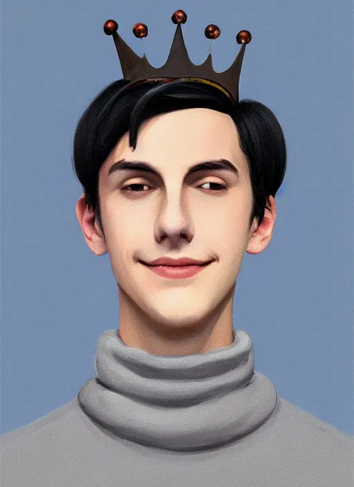 Image similar to portrait of teenage jughead jones wearing a light grey crown, crown, blue turtleneck, closed eyes, eyes closed, smile, crown, black hair, intricate, elegant, glowing lights, warm lighting, highly detailed, digital painting, artstation, concept art, smooth, sharp focus, illustration, art by wlop, mars ravelo and greg rutkowski