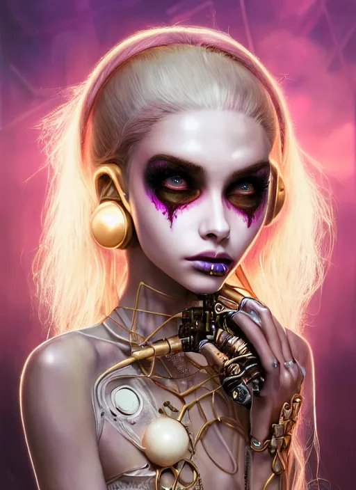 Prompt: soft lustrous ivory biotech raver clowncore madison beer gothic cyborg, earbuds, golden ratio, details, sci - fi, fantasy, cyberpunk, intricate, decadent, highly detailed, digital painting, ever after high, octane render, artstation, concept art, smooth, sharp focus, illustration, art by artgerm, loish, wlop