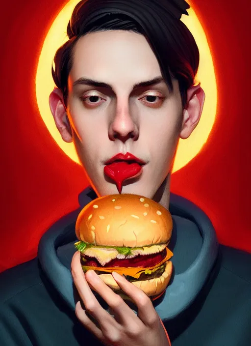 Image similar to portrait of jughead jones, eating a hamburger, wearing a crown, eyes closed, intricate, elegant, glowing lights, highly detailed, digital painting, artstation, concept art, smooth, sharp focus, illustration, art by wlop, mars ravelo and greg rutkowski