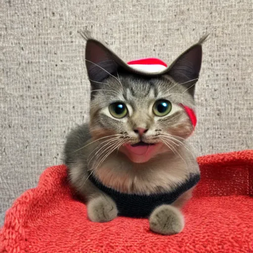 Image similar to cute cat photo, wearing wool hat, tongue mlem, cat ears