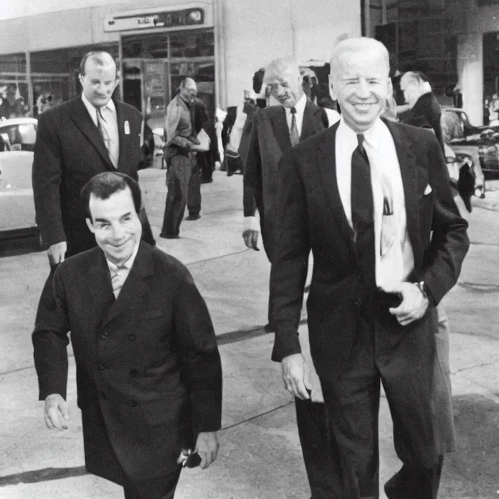 Image similar to Joe Biden walking with Lee Harvey Oswald as walmart