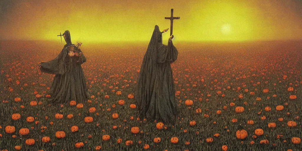 Image similar to a witch with a pumpkin head burning on a cross at sunset casting shadows across a field of flowers, beksinski, dariusz zawadzki