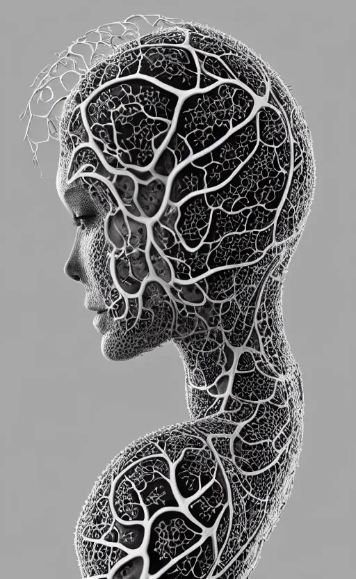 Prompt: a black and white 3D render of a beautiful profile face portrait of a female vegetal-dragon-cyborg, 150 mm, orchid stems, ivy, fine lace, Mandelbrot fractal, anatomical, flesh, facial muscles, microchip, veins, arteries, full frame, microscopic, elegant, highly detailed, flesh ornate, elegant, high fashion, rim light, octane render in the style of H.R. Giger and Man Ray