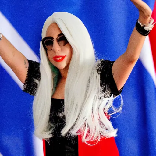 Image similar to Lady Gaga as president, Argentina presidential rally, Argentine flags behind, bokeh, giving a speech, detailed face, Argentina