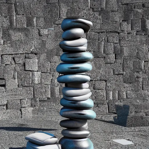 Image similar to sculpture made of piled stones, soda cans, minimal white room gallery, sunlit, photorealistic, 3 d rendering, higly detailed, minimalist, made with unreal engine, cgsociety