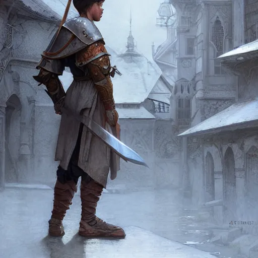 Prompt: a boy training to be a warrior painting, ultra realistic, concept art, intricate details, eerie, highly detailed, medieval town, no armor, no weapons, tutor in background, photorealistic, octane render, 8 k, unreal engine. art by artgerm and greg rutkowski and alphonse mucha