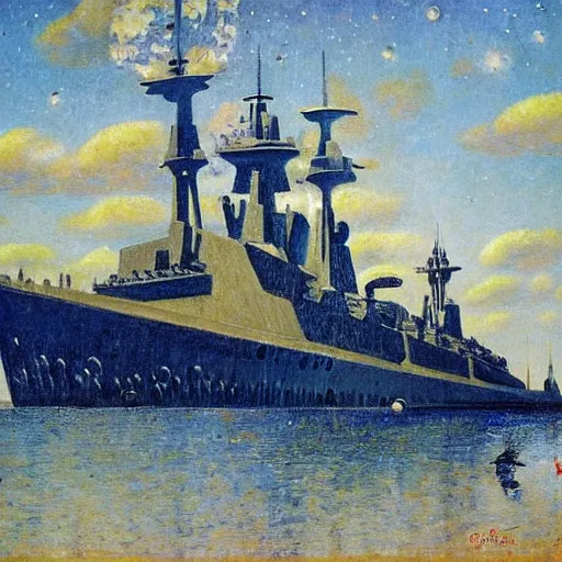 Image similar to star wars battlecruiser by georges lemmen, neo - impressionism, futuristic