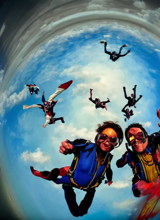 Prompt: An epic fantastic realism comic book style painting of hippies skydiving over the pentagon on acid, fisheye lens, unreal 5, DAZ, hyperrealistic, octane render, dynamic lighting