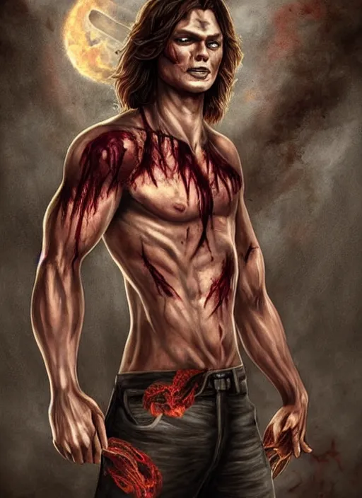 Prompt: Sam Winchester as a muscular half-blood werewolf with religious tattoos on chest and neck, stained and bleeding, magic overlays, magic flames, open portal with runes in the background, romance book cover style, D&D illustration style, (octane render) fantasy style, sharp focus, ultra detailed, art by Artgerm and Peter Andrew Jones, Ayami Kojima, Amano and Olivier Ledroit