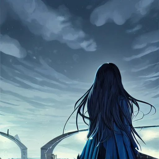 Image similar to low - angle shot from behind of a long blue - haired girl in a tailcoat overlooking demacia, combat boots, noir, screenshot, sharp focus, intricate, illustration, cell shaded, digital painting, highly detailed, straight hair, art by ilya kuvshinov, wlop, greg rutkowski, studio quality, james jean