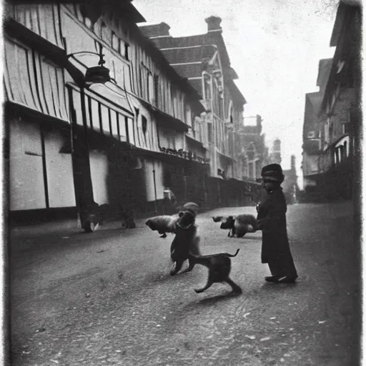 Image similar to anthro animals playing in the street, 1900s photograph