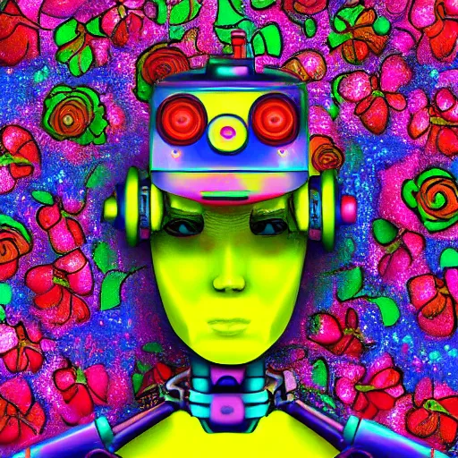 Image similar to a dramatically lit brightly colored detailed painting of a robot with flowers growing out of its head with a rainbow background, digital art