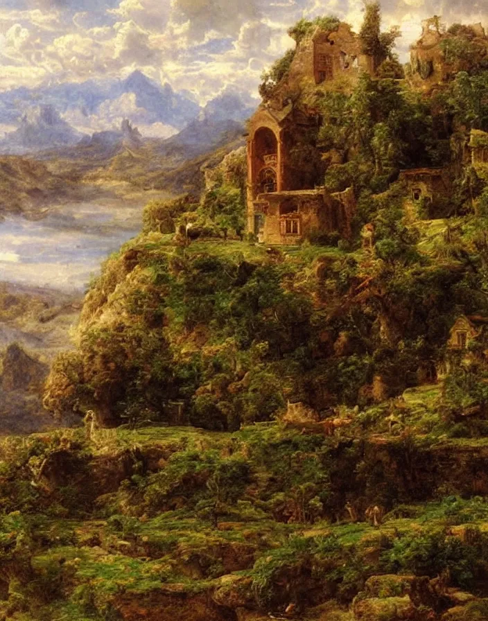 Image similar to a building in a stunning landscape by Sophie Anderson