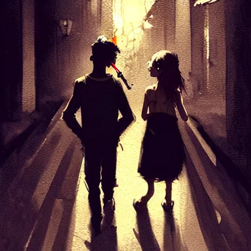 Image similar to brutal boy abd girl with cigarette and whiskey, on the night street by greg rutkowski