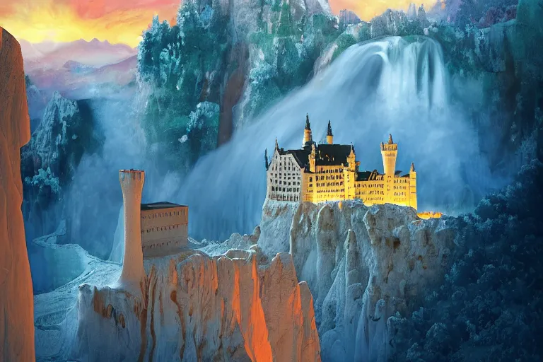 Image similar to neuschwanstein castle on pamukkale thermal waters flowing down gold travertine terraces in royal blue antelope canyon during sakura season on an interstellar aurora borealis with heavy thunder and lightning, pink waterfalls, by peter mohrbacher, james jean, james gilleard, greg rutkowski, vincent di fate, rule of thirds, beautiful landscape