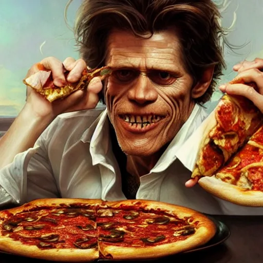 Image similar to ultra realistic illustration of willem dafoe eating pizza, intricate, highly detailed, digital painting, artstation, concept art, sharp focus, illustration, art by artgerm and greg rutkowski and alphonse mucha