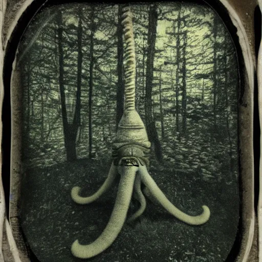 Prompt: daguerreotype of cthulu in ancient woodland, realism
