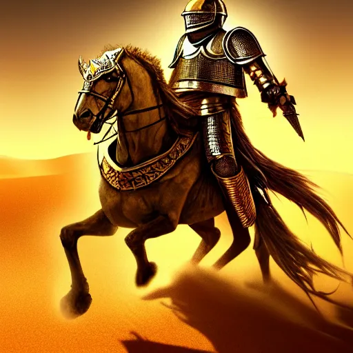 Prompt: Realistic photo of the king of the Desert in Battle, Knight with a golden helmet and a Silver Armour, Sand, Heroic Battle Scene, dark fantasy, intricate, cinematic lighting, highly detailed, digital art, trending on Artstation, 8k, photorealistic