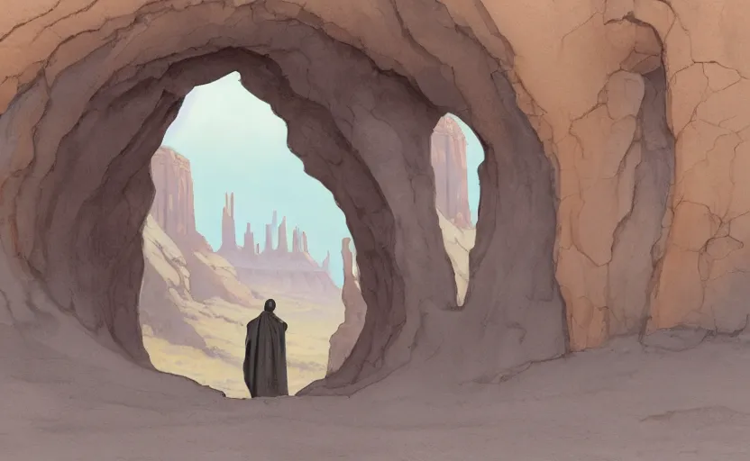 Prompt: a hyperrealist watercolor concept art of a medieval monk in grey robes in monument valley looking through a rock arch through a portal to a catle in an alien world. very muted colors, by rebecca guay, michael kaluta, charles vess. high detail, hq, wide shot, 4 k