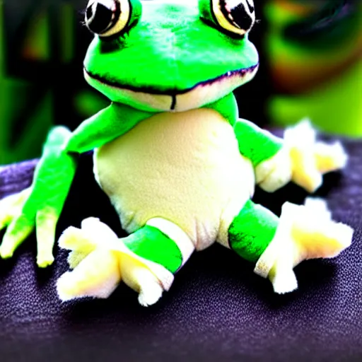 Image similar to cute fluffy plushie frog, cutecore, shaggy, stuffed animal photography,