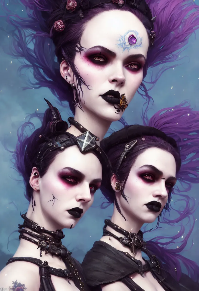 Image similar to beautiful very extreme closeup portrait, goth girl, piercings collar, mohawk hairstyle, medieval dress. witch, makeup. unreal engine, greg rutkowski, loish, rhads, beeple, tom bagshaw, alphonse mucha, global illumination, detailed and intricate environment