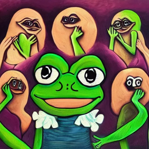 Prompt: pepe the frog is surrounded by beautiful women, oil painting, highly detailed, 4 k