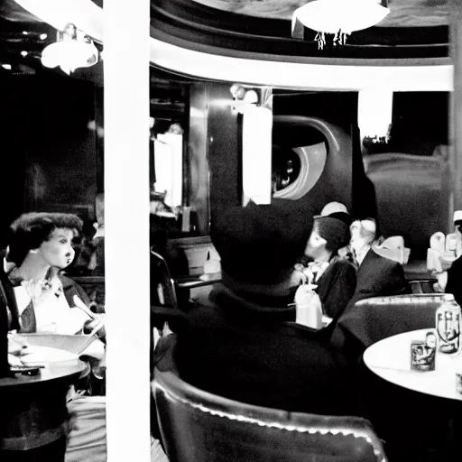 Prompt: film noir jazz bar, crowds of people, she arrived in a red dress,