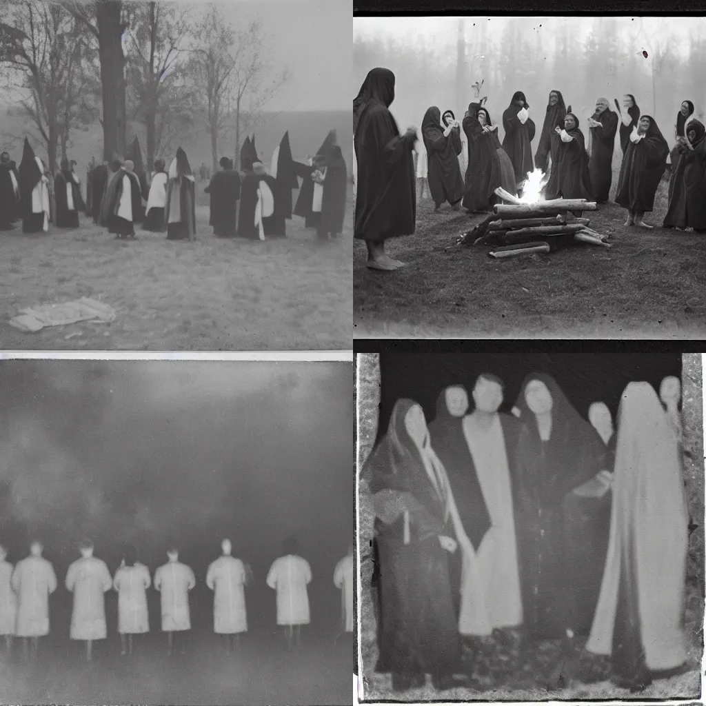 Prompt: Early black and white photograph of robed people around a bonfire, creepy, faded, very blurry, 8mm