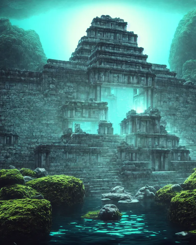 Image similar to ultrawide shot of submerged pre - incan temple, anime style mixed with fujifilm, dark, underwater, symmetrical, bubbles, abyss, dark, murky, foggy, atmospheric, crepuscular rays, artstation, cgsociety, octane render, cgi, unreal engine 5, denoise, detailed, cinematic masterpiece