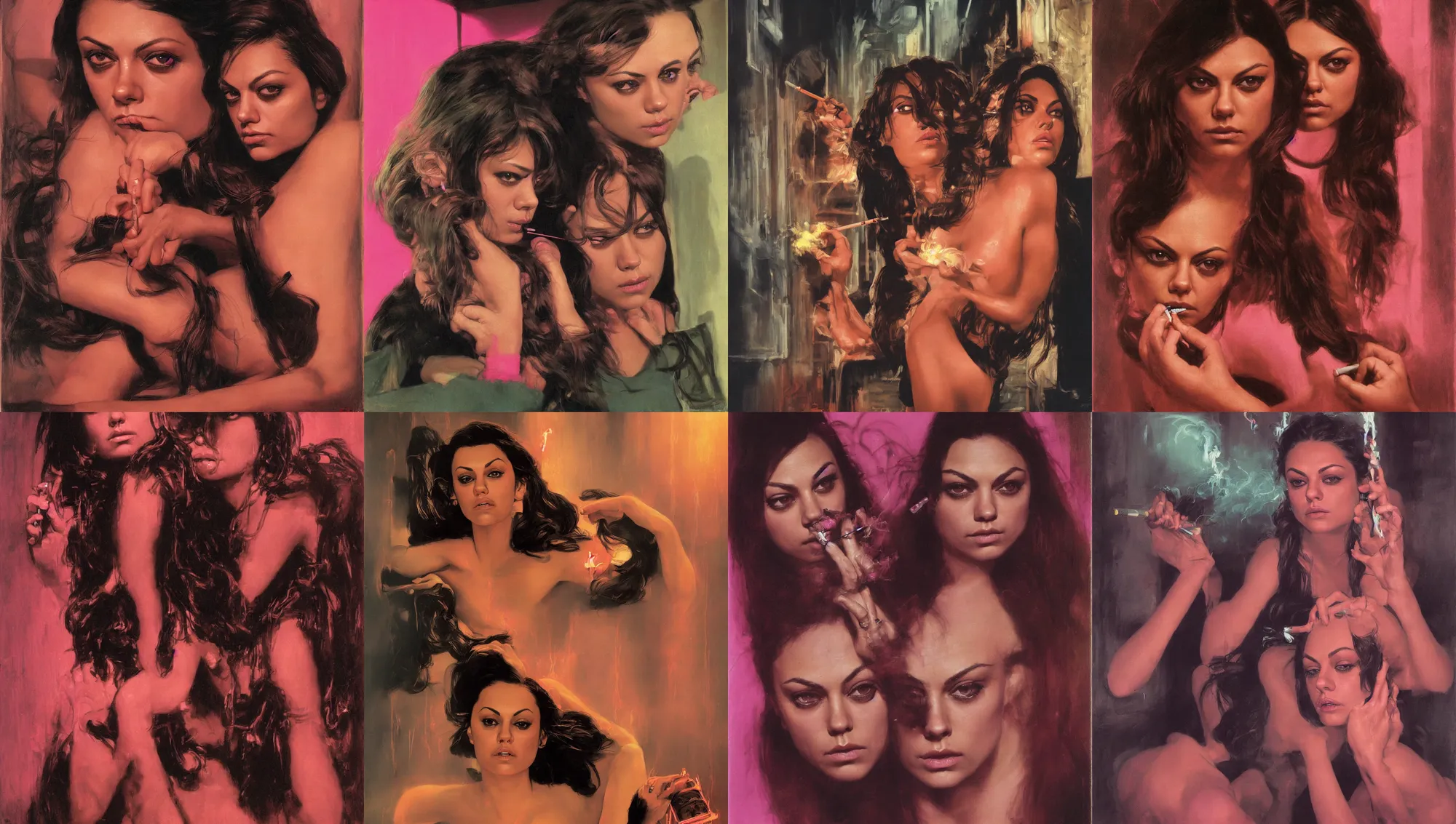 Image similar to close portrait of mila kunis looking into the camera leaning back against a wall smoking a cigarette, pink neon street, 1 9 7 0 s, intricate, moody, personal, highly detailed, short focus depth, donato giancola, joseph christian leyendecker, frank frazetta, alex horley, ralph horsley, michael whelan