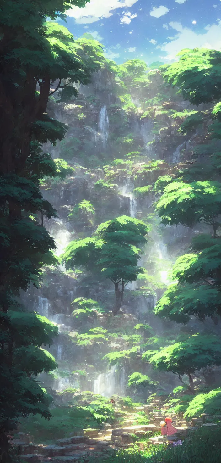 Prompt: village in the woods with a flower garden near a waterfall, gapmoe kuudere moody lighting stunning bokeh highlights sharp contrast | trending pixiv fanbox | by greg rutkowski makoto shinkai takashi takeuchi studio ghibli