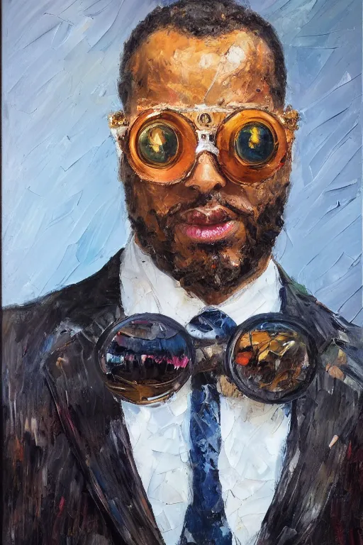Image similar to palette knife oil painting portrait of graham, a fellow in a three - piece suit and monocle, peering over from his heavy, lacquered oak reception desk, extreme detail, artstation trending, artgerm, any racial background, deviant art, octane, substance, art history 8 k